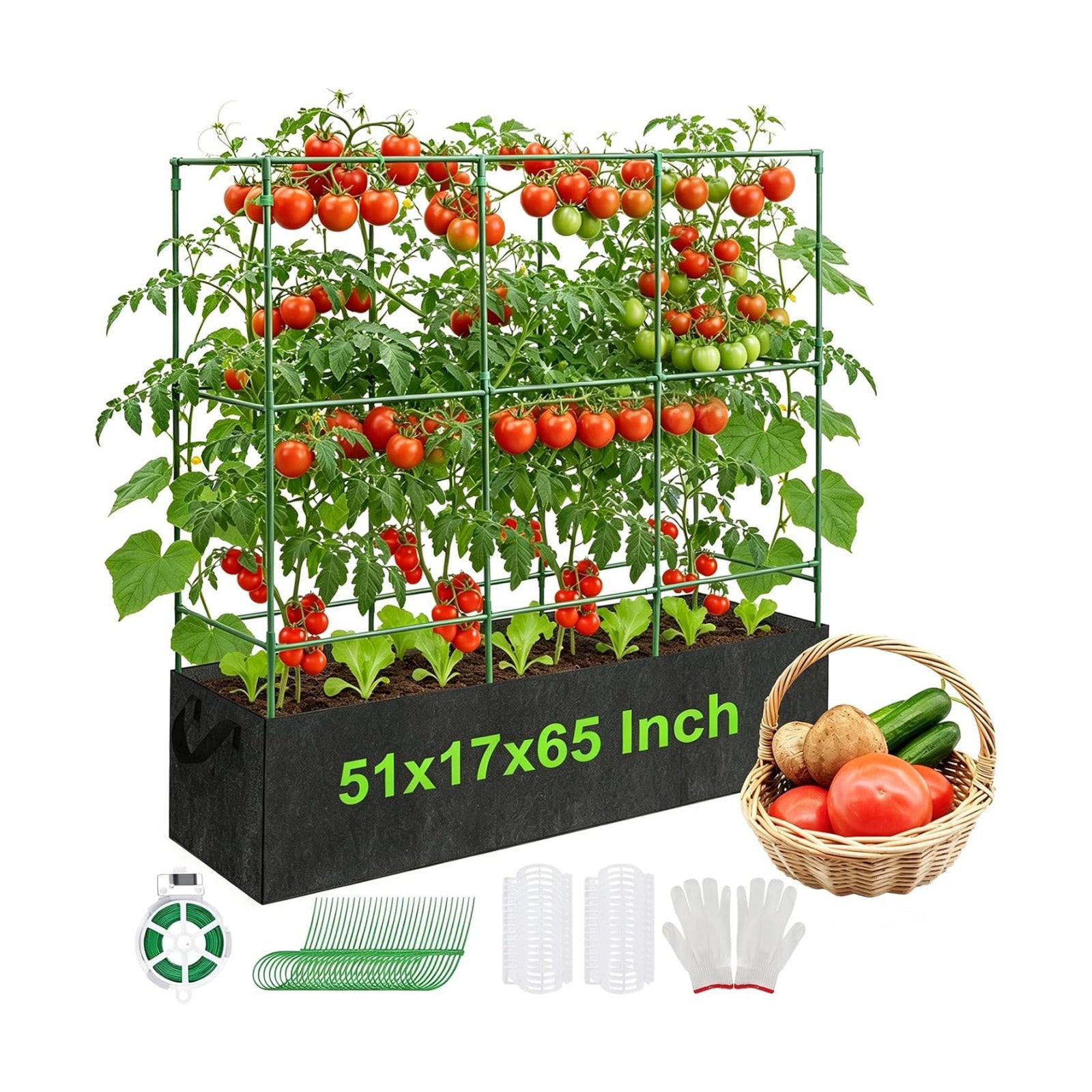 51x17x65Inch Tomato Cage for Garden - with 46 Gallon Grow Bags | Heavy-Duty Square Tomatoes Cages, Tomato Trellis