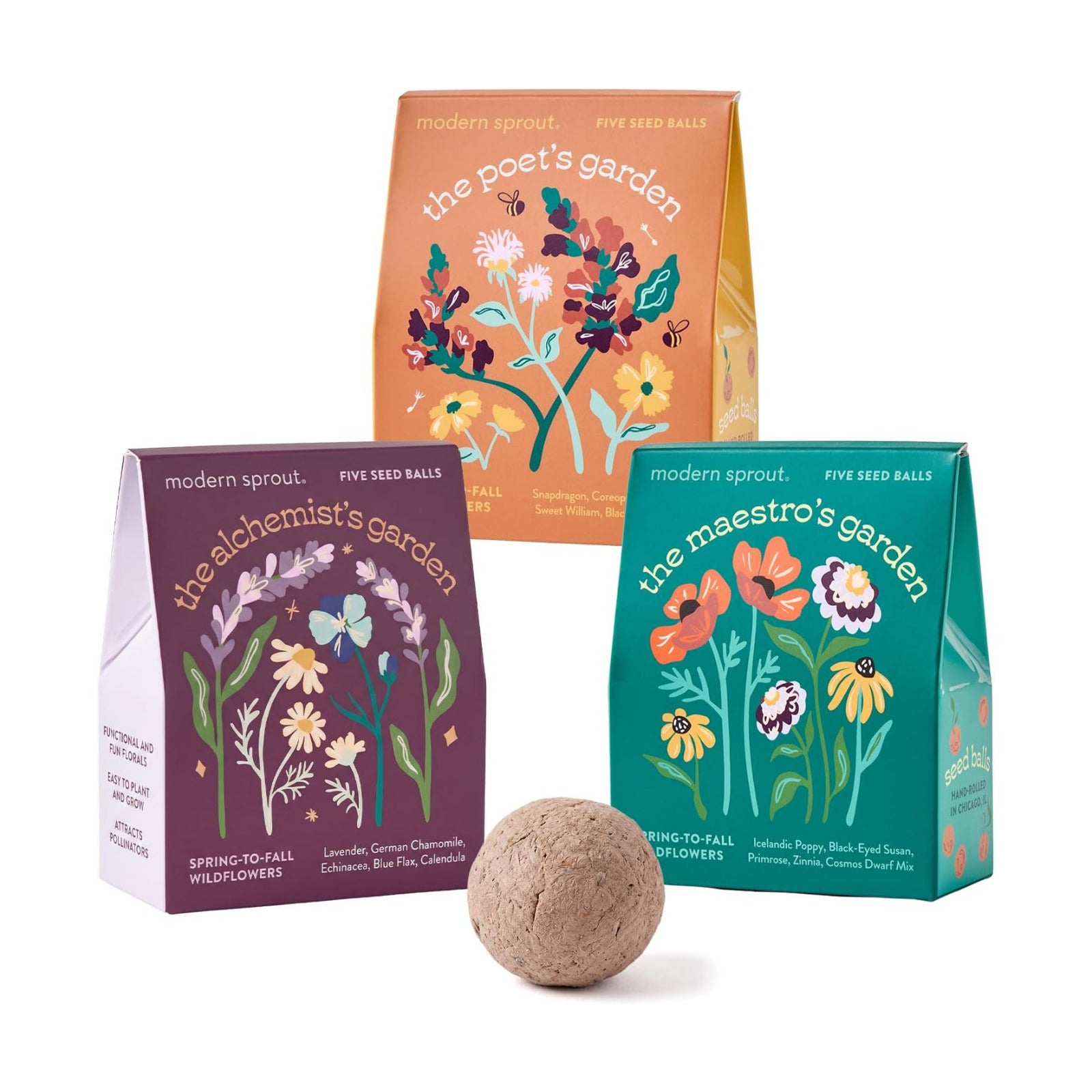 Modern Sprout Bespoke Blooms Flower Seed Ball Kit - Pack of 3 | Non-GMO 15 Hand Rolled Annual & Perennial Wildflower