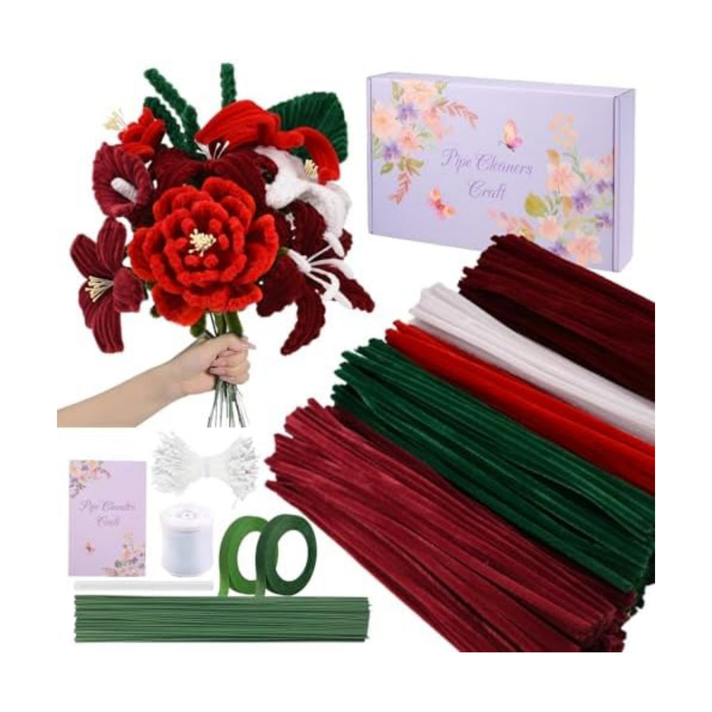 400 Pcs Pipe Cleaners Craft Set, 5 Assorted Red Pipe Cleaners Bulk, Chenille Stems for DIY Flower Making Kit with Floral Stems, Gardening Tape, Stamen, Ribbon for DIY Bouquet Gift (Red)
