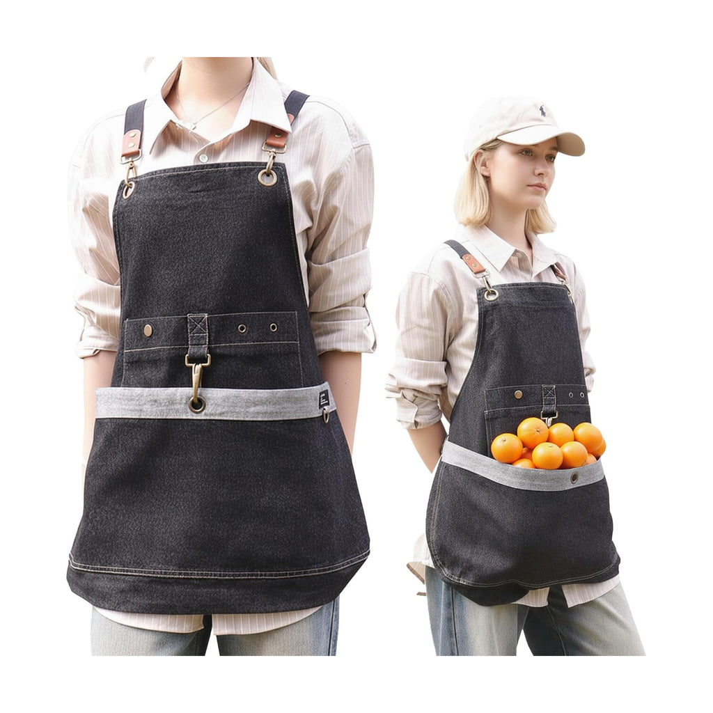 Denim Cross Back Gardening Apron with Adjustable Straps & Pockets | Heavy-duty denim; large front pockets; tool