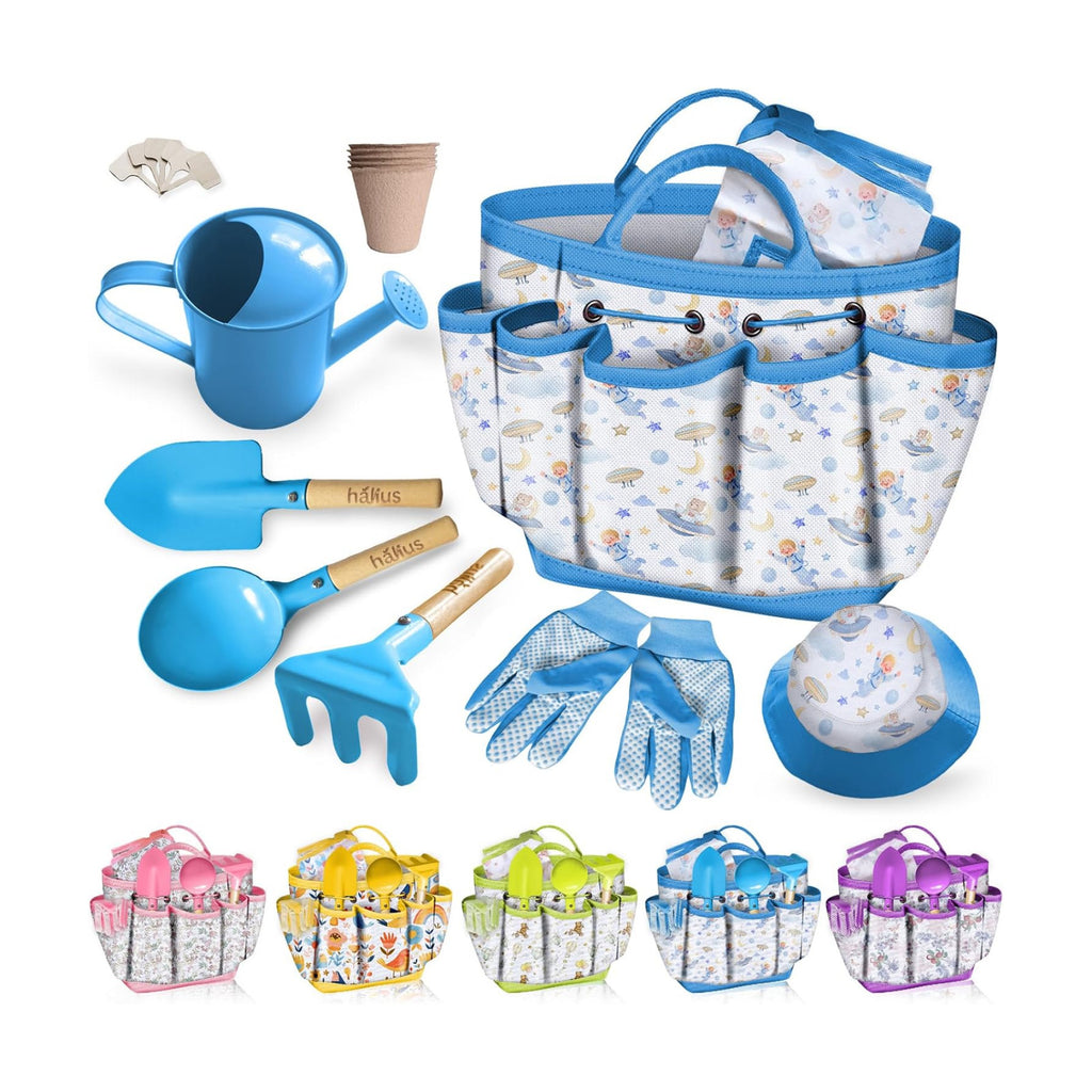 Kids Gardening Tool Set 18PCS Outdoor Toys Tote Bag Watering Can Apron Blue | Kid-Safe Ergonomic Metal Tools, Fun STEM