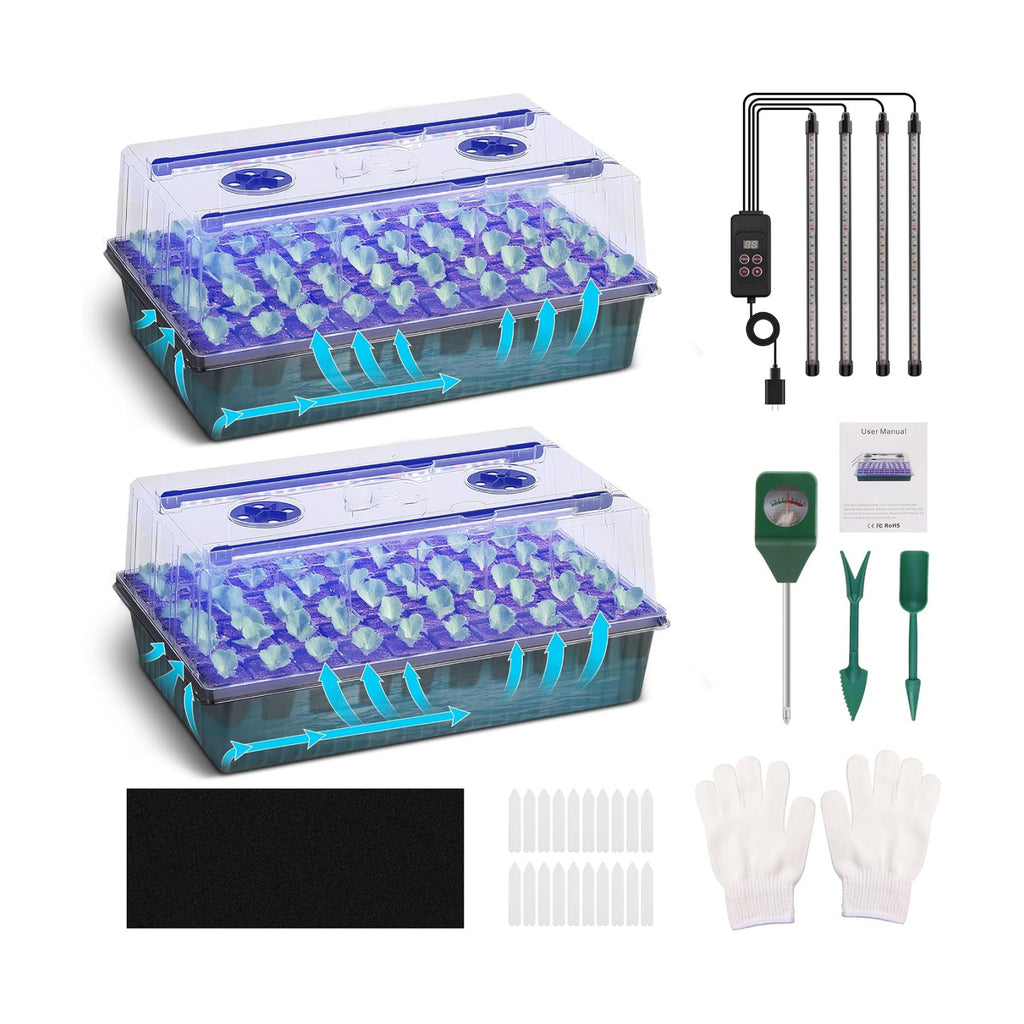 120-Cell Self-Watering Seed Starter Tray with Grow Light, 1–24H Timer, Humidity Dome, Soil pH Meter, Gloves, Seedling