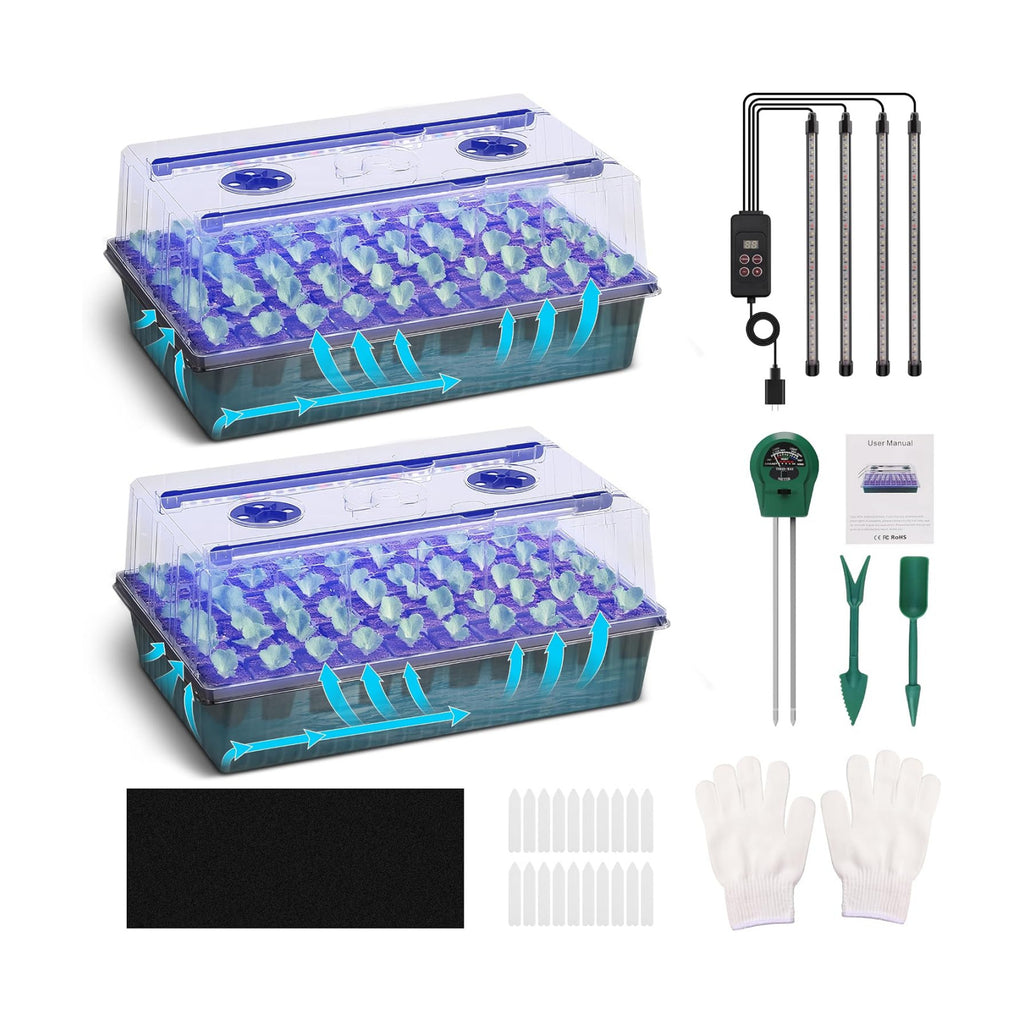 Seed Starter Tray with Grow Light, 2 Pack 120 Cells Seedling Tray Kit with 3-in-1 Soil Moisture Meter, Indoor Seedling