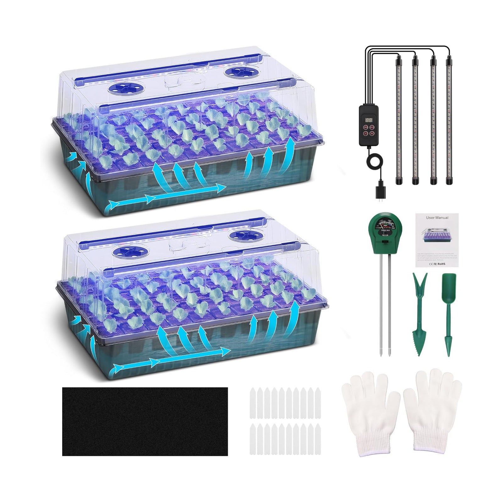 Seed Starter Tray with Grow Light, 2 Pack 120 Cells Seedling Tray Kit with 3-in-1 Soil Moisture Meter, Indoor Seedling