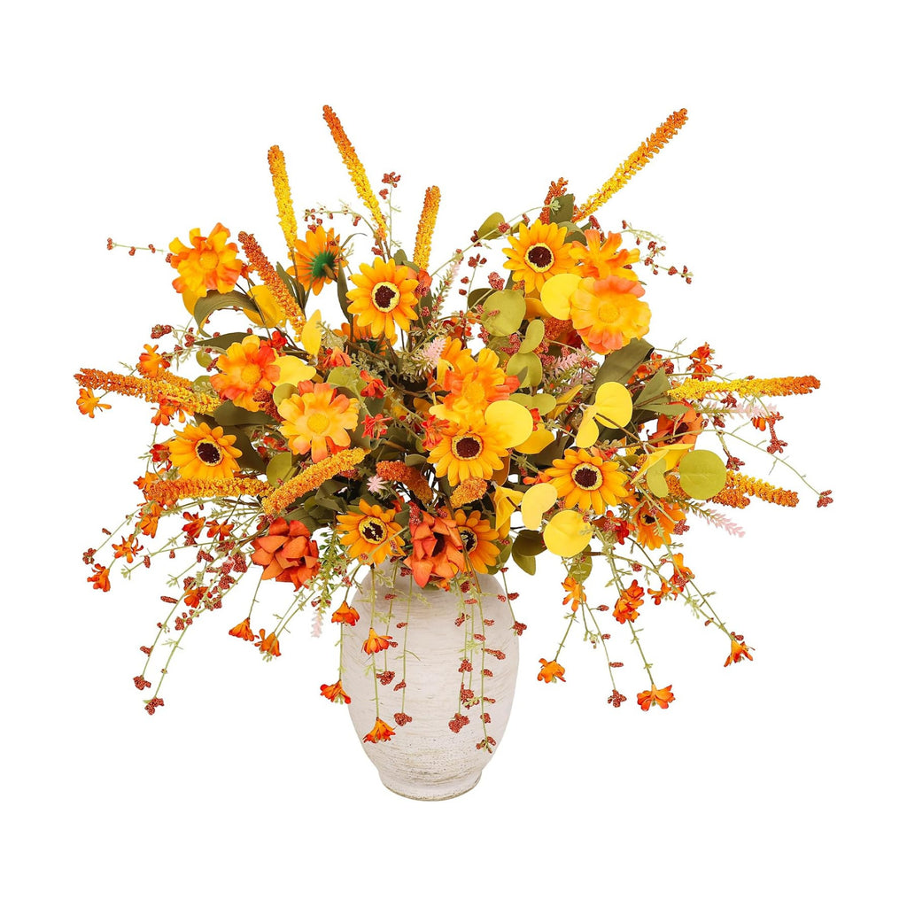 6-Pack Fall Stems Artificial Arrangement Flowers Bouquet Decoration Eucalyptus Leaves Autumn Harvest Home Décor Silk Sunflowers Daisy Grain Berries