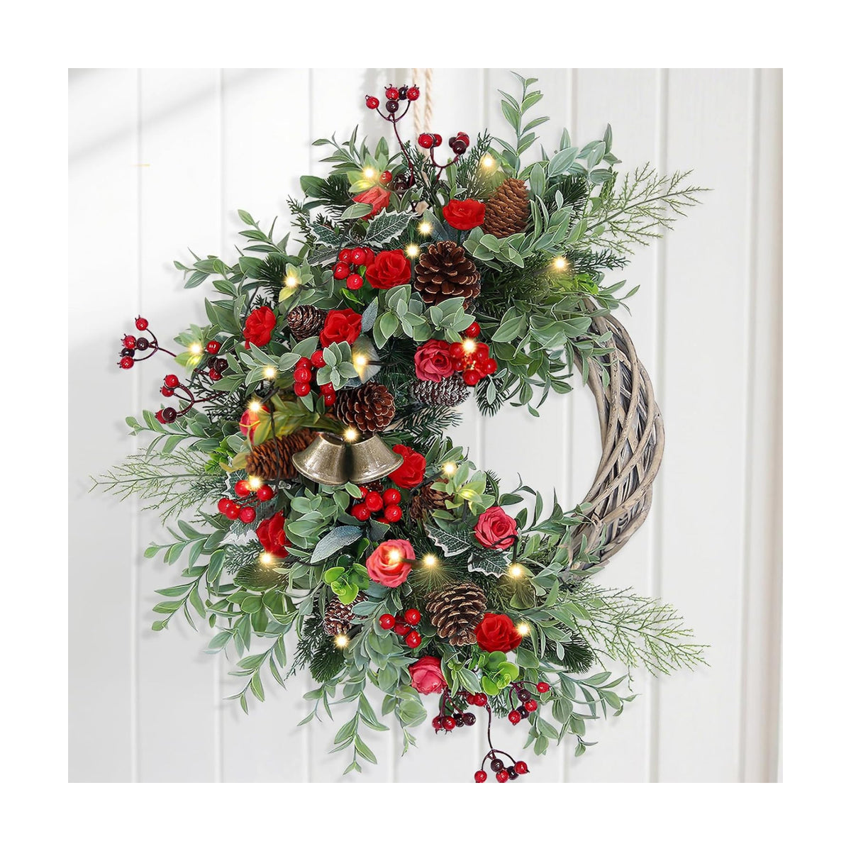 Christmas Wreath for Front Door, Artificial Door Wreaths with LED Lights Bells Berries & Pinecones Christmas Decorations, Xmas Wreaths for Wall Window Fireplace Holiday Home Decor