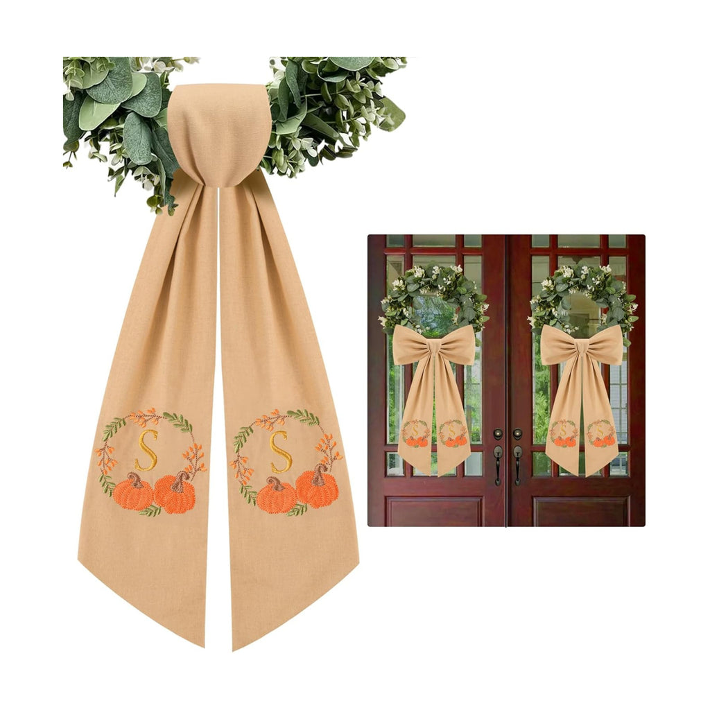 2 Pcs Fall Wreath Sash for Front Door Embroidery Monogram Pumpkin Ribbon Sash for Fall Thansgiving Yard Porch Decor (Letter S)