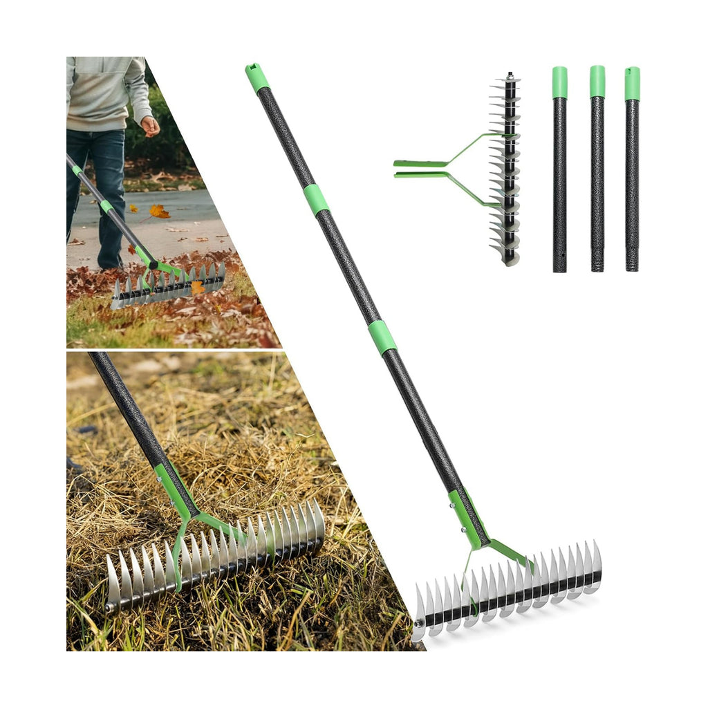 Thatch Rake, 13" Wide Efficient Dethatcher Rake with 55" Adjustable Long Handle, Heavy Duty Steel Metal Dethatching