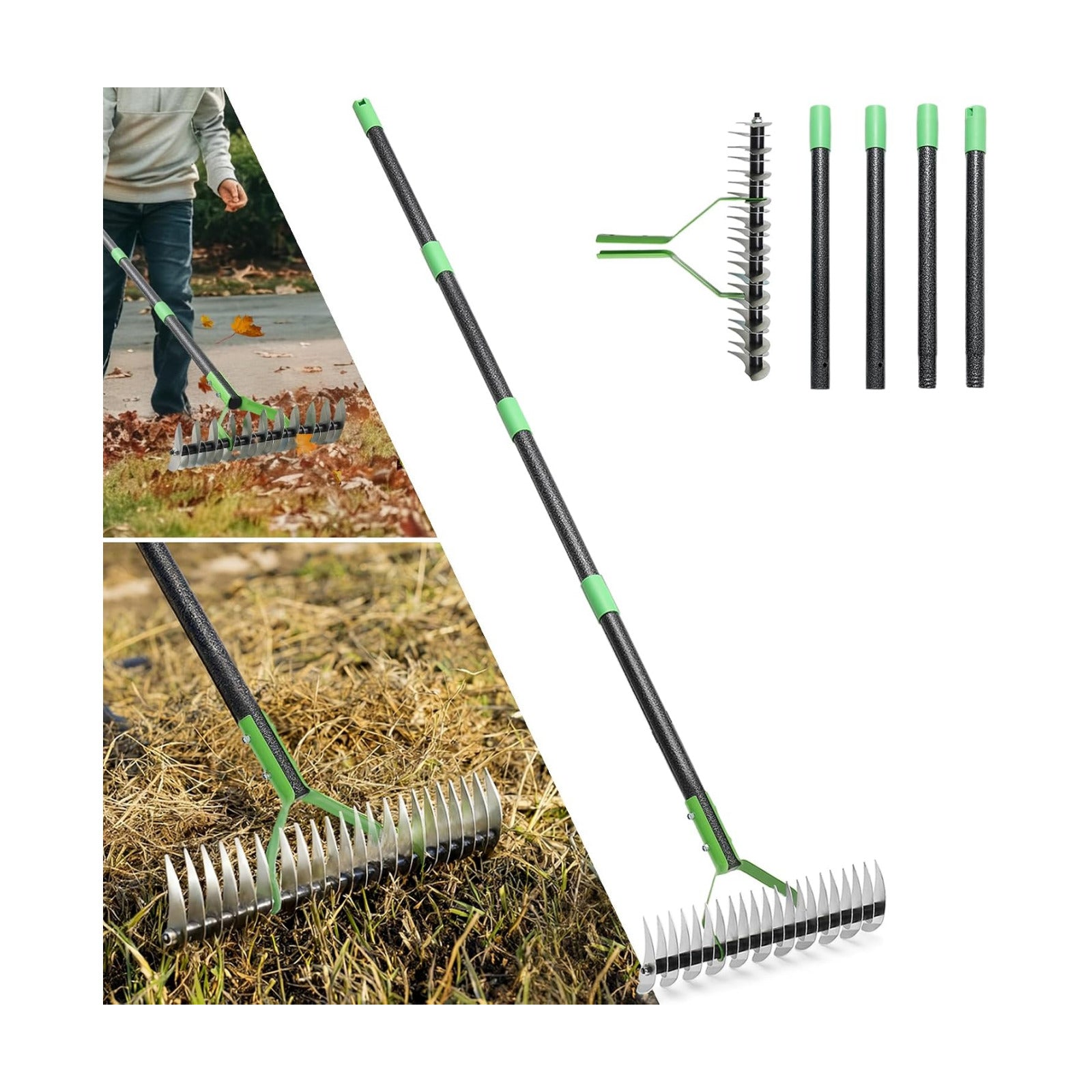 Thatch Rake, 13" Wide Efficient Dethatcher Rake with 70" Adjustable Long Handle, Heavy Duty Steel Metal Dethatching