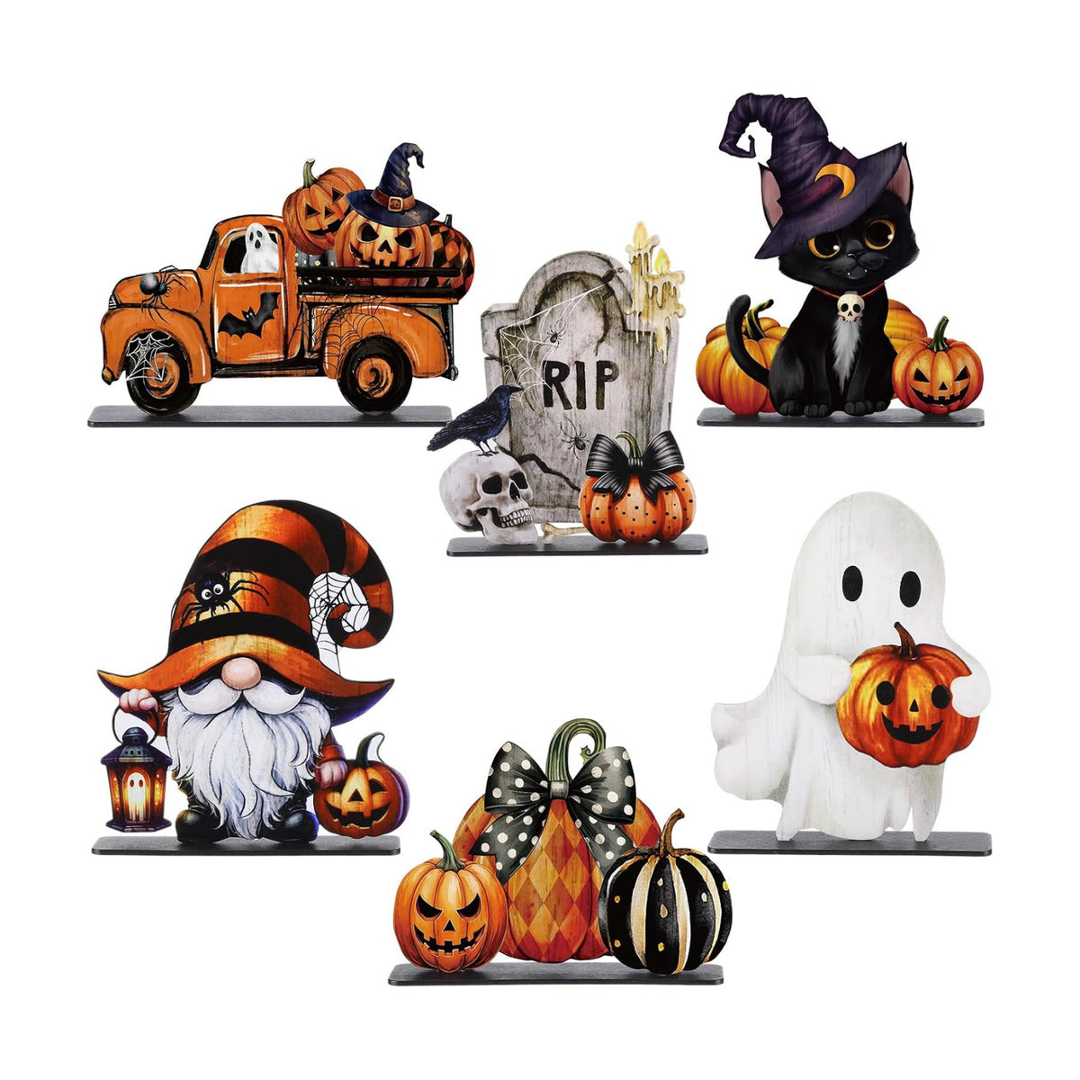 Yalikop 6 Pcs Wooden Halloween Table Top Decorations Retro Halloween Decor