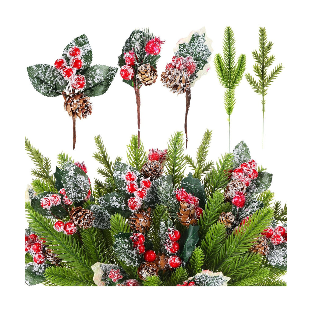 Yunlly 60 Pcs Christmas Pine Picks Holly Berry Pinecones, Snow Style