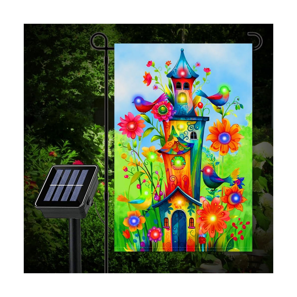 Bird Lighted Garden Flag, 12x18 Inch Double Sided | LED Solar, 8 Modes, Floral Bird Design, Stand Not Included ﻿