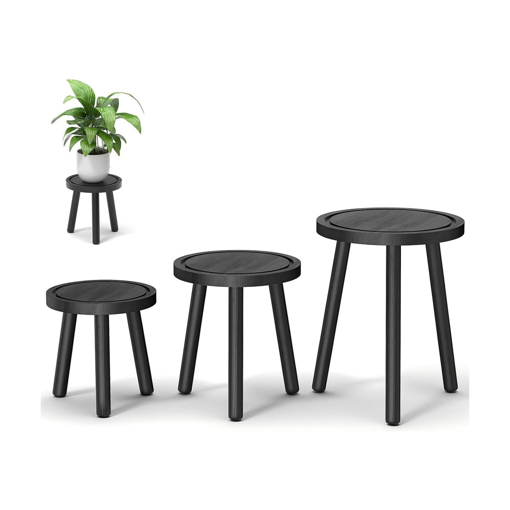 3-Pack Wood Plant Stands Indoor, Single Plant Stand for 6-12 Inch Pots, Mid-Century Modern Plant Stool, Tall Plant Stand for Large Plants for Living Room, Balcony, Office (Black)