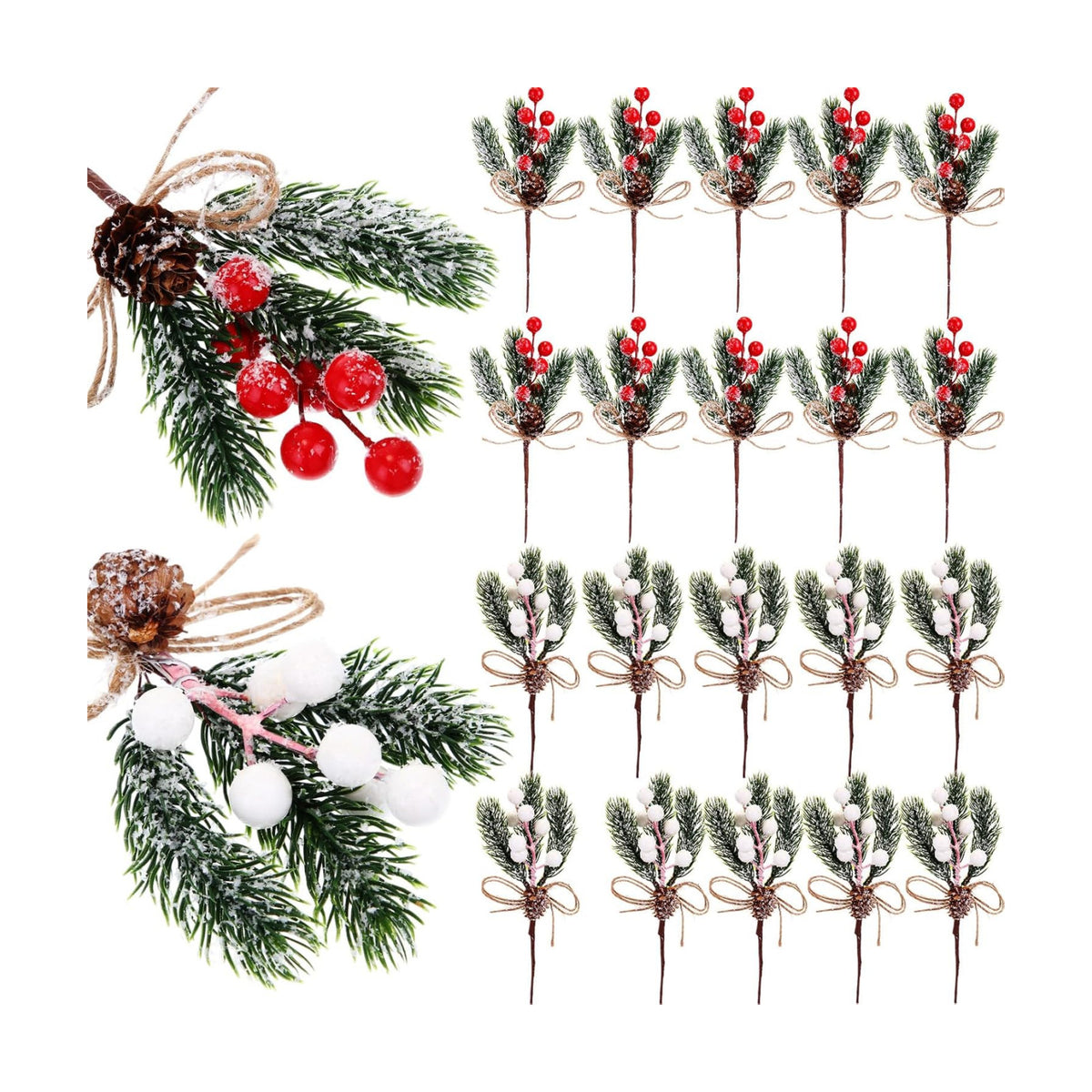 Sanwuta 20 Pcs Christmas Berry Pick with Pinecone, Frosted Red, White