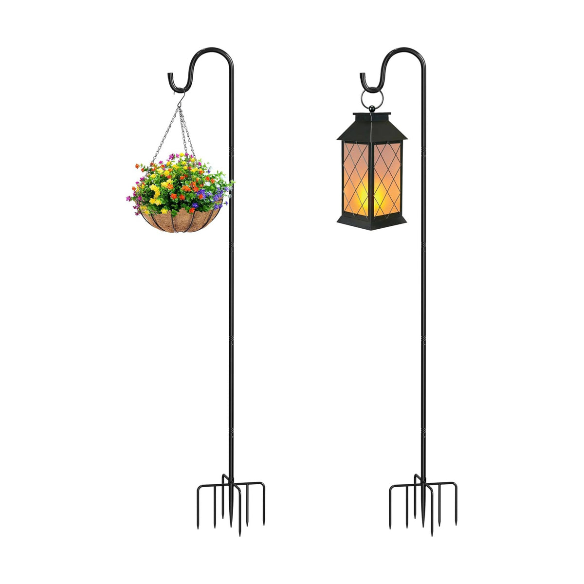 60″ Adjustable Shepherd Hook for Outdoor, Heavy Duty Bird Feeder Pole with 7-Prong Base, Metal Garden Hook for Hanging Lanterns Solar Lights String Lights Plants Wind Chimes Hummingbird Feeder（2‑Pack）