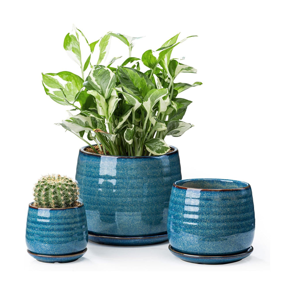 Ceramic Plant Pots with Drainage Holes and Saucers, Indoor Flower Pots for Plants Set of 3, 3.4+4.7+6.1 inch Cute