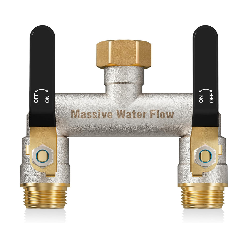 Hose Splitter 2 Way Heavy Duty, Brass Garden Hose Splitter | 304 Stainless Steel Long Handle, Full Flow Nickel Plated