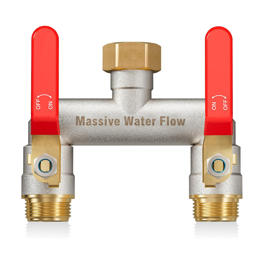 Hose Splitter 2 Way Heavy Duty, Brass Garden Hose Splitter | 304 Stainless Steel Long Handle, Full Flow Nickel Plated