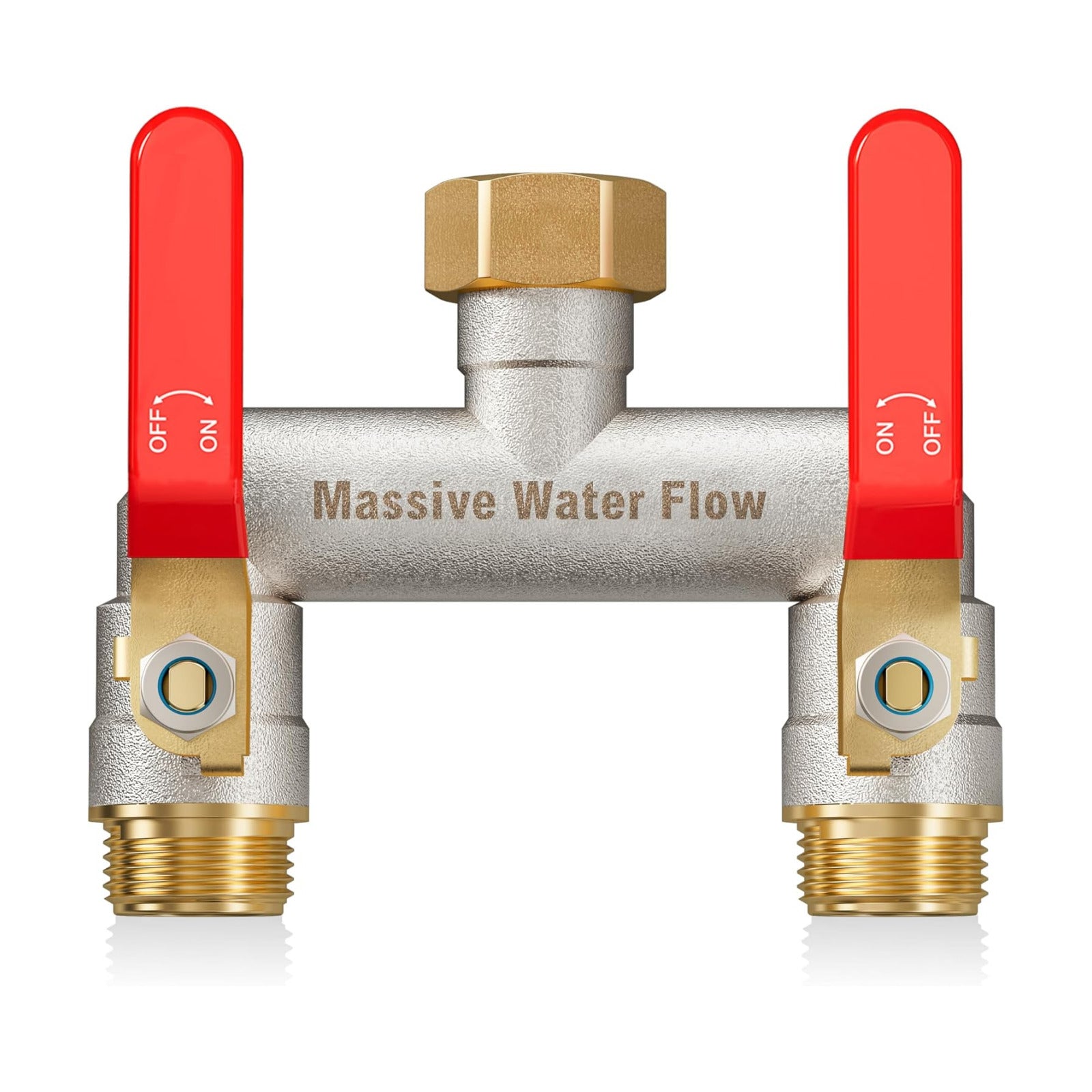 Hose Splitter 2 Way Heavy Duty, Brass Garden Hose Splitter | 304 Stainless Steel Long Handle, Full Flow Nickel Plated