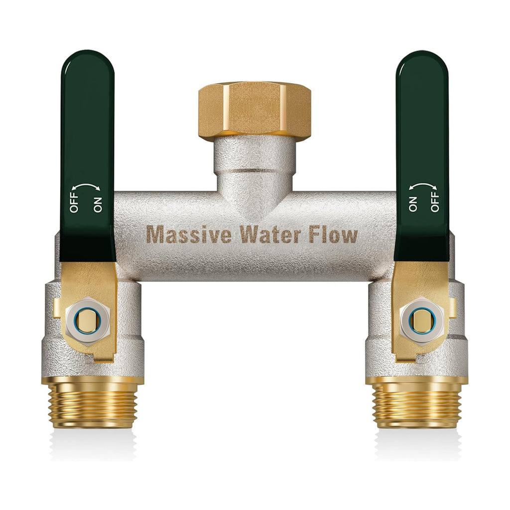 Hose Splitter 2 Way Heavy Duty, Brass Garden Hose Splitter | 304 Stainless Steel Long Handle, Full Flow Nickel Plated