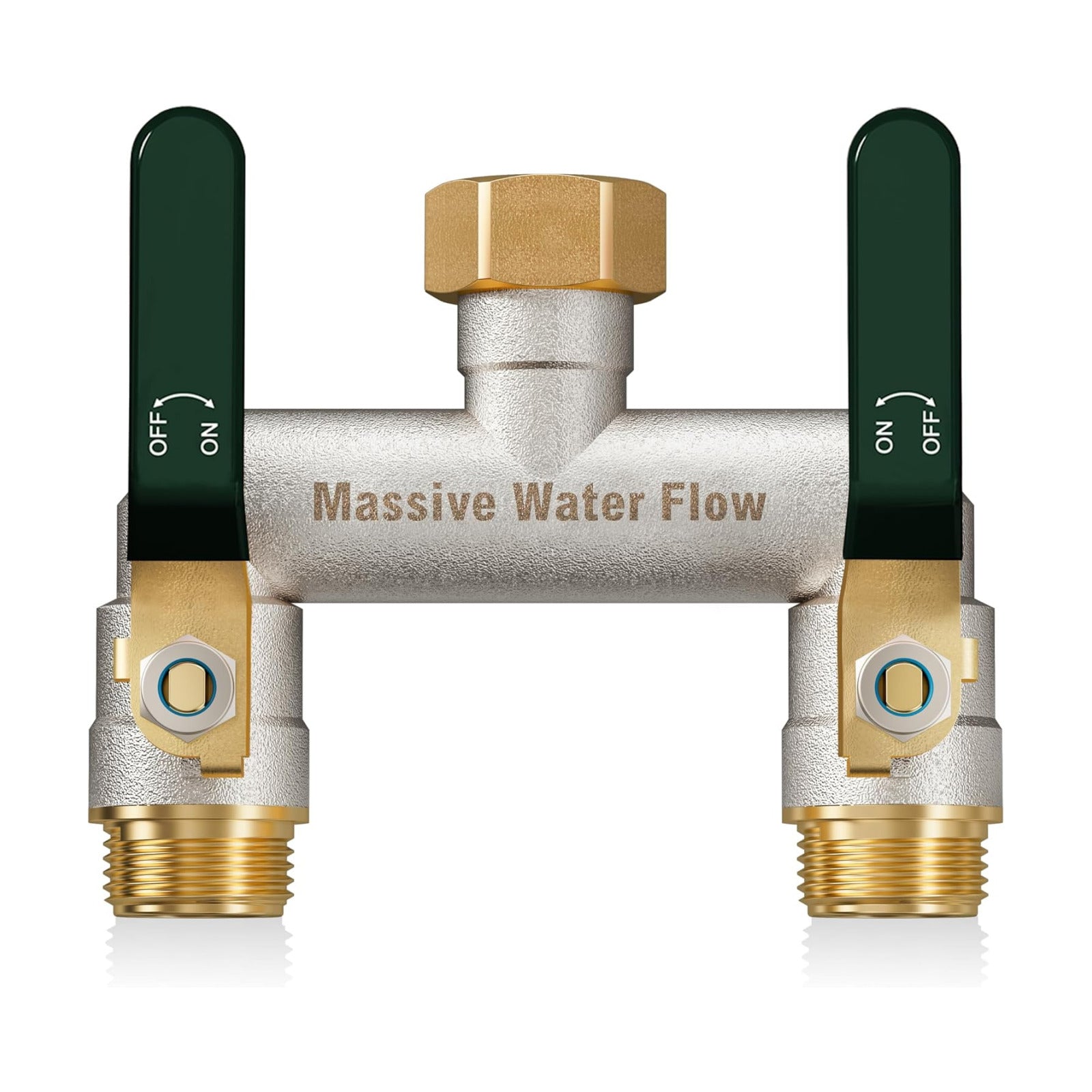 Hose Splitter 2 Way Heavy Duty, Brass Garden Hose Splitter | 304 Stainless Steel Long Handle, Full Flow Nickel Plated