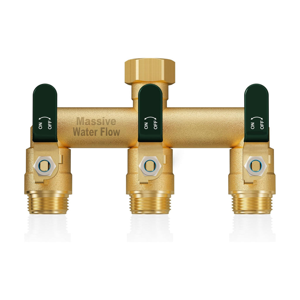 3 Way Hose Splitter, Heavy Duty Full Flow Garden Water Hose Bib Spigot Splitter, Brass Rust and Freeze Resistant