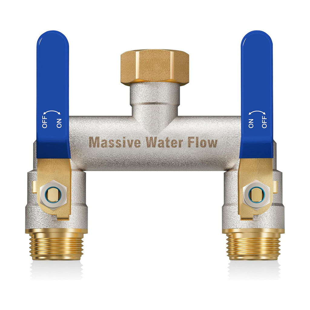 Hose Splitter 2 Way Heavy Duty, Brass Garden Hose Splitter | 304 Stainless Steel Long Handle, Full Flow Nickel Plated