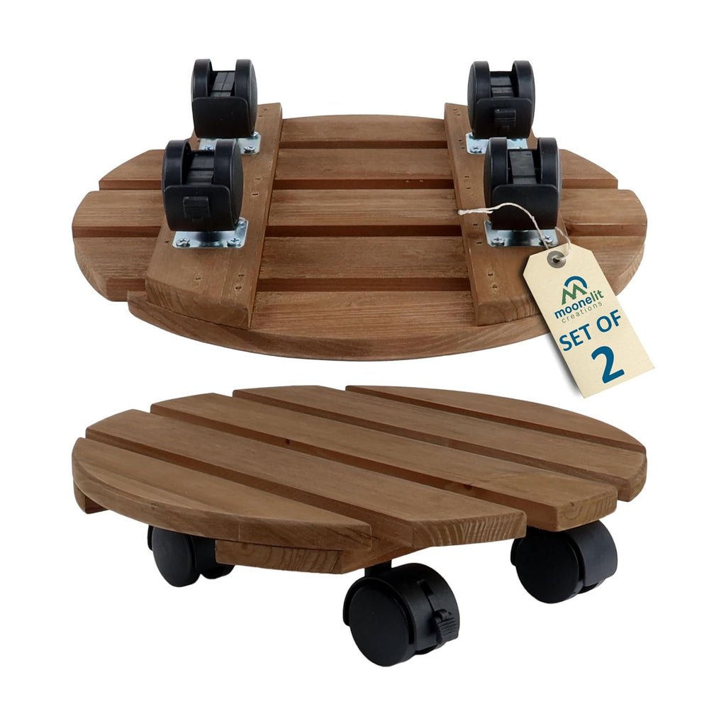 Fir Wood 12" Plant Caddy, 2 Pack, with Heavy Duty Wheels, 110 Lbs Capacity Dolly with 360-Degree Lockable Wheels for
