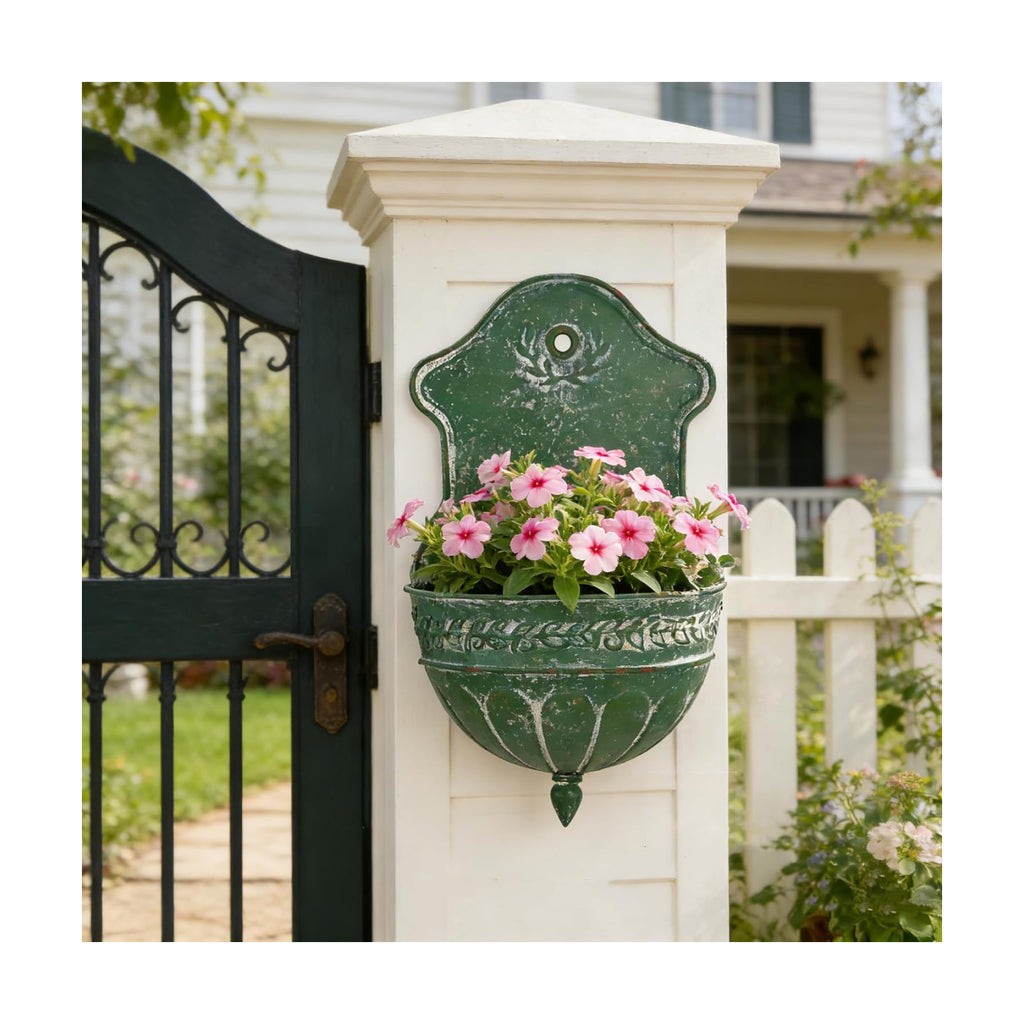 Vintage Distressed Green Metal Wall Planter, Rustic Hanging Pocket Planter with Scrollwork & Scalloped Design