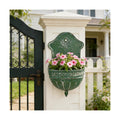 Vintage Distressed Green Metal Wall Planter, Rustic Hanging Pocket Planter with Scrollwork & Scalloped Design