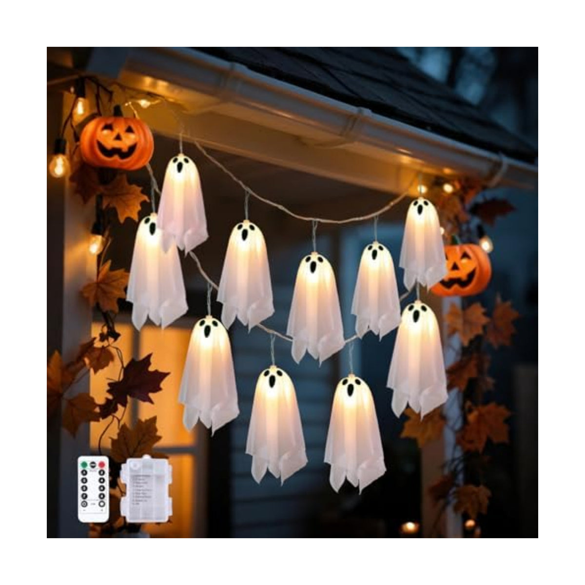 Halloween Ghost String Lights, 8.2FT 10 LED – Battery Operated with Timer, 8 Lighting Modes, Waterproof for Indoor/Outdoor, Light Up Ghost Garland, Perfect for Porch, Window, Party or Haunted House