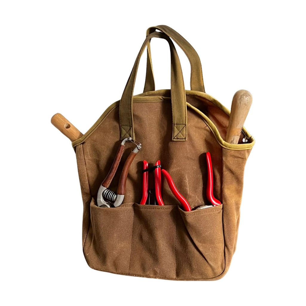 Garden Tool Bag - 12x14” Heavy Duty Waxed Canvas Tote Bag Caddy with 6 Interior and 3 Exterior Pockets for Organizing