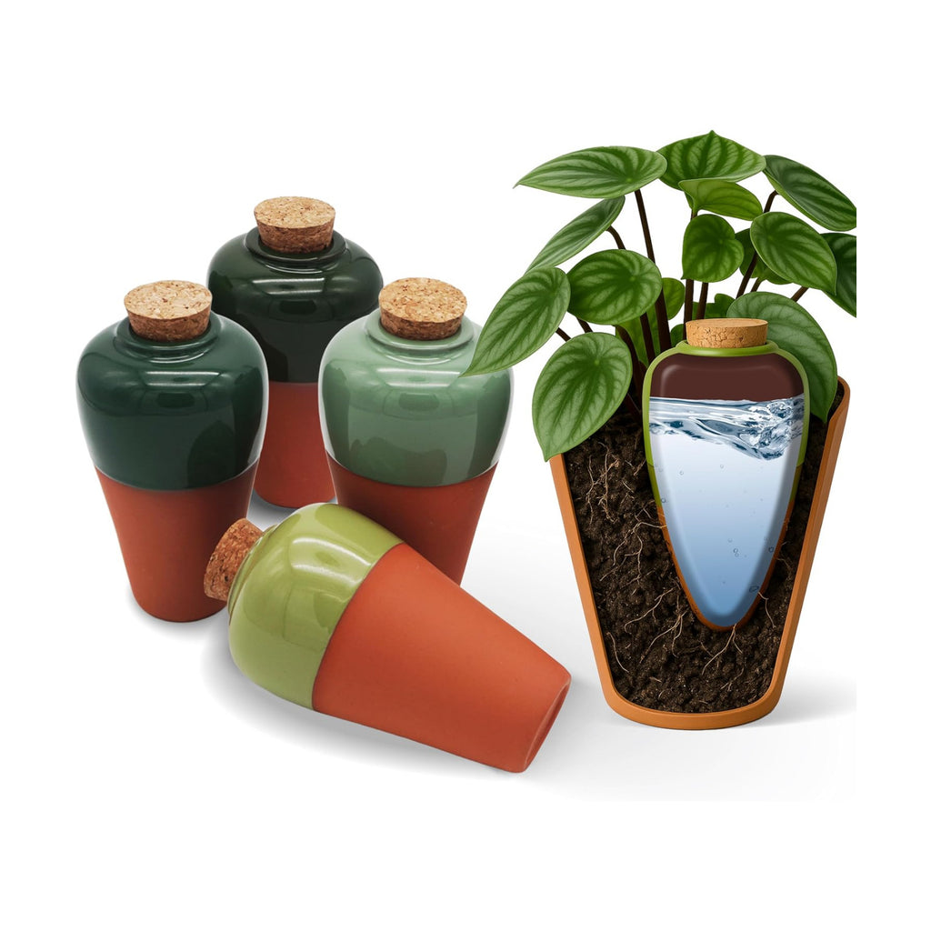 Terracotta Self Watering Planter Insert - Set of 4 Clay Ollas with Slim Bottom for Easy Soil Insertion, Glazed Top