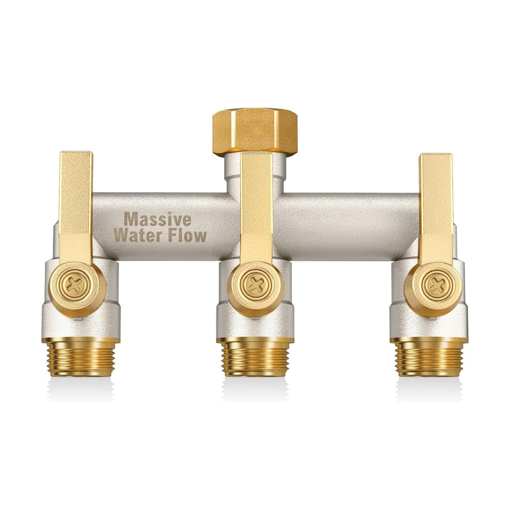 Garden Hose Splitter, 3 Way Hose Splitter Heavy Duty Full Flow Solid Brass Nickel Plated Spigot Splitter Valve with