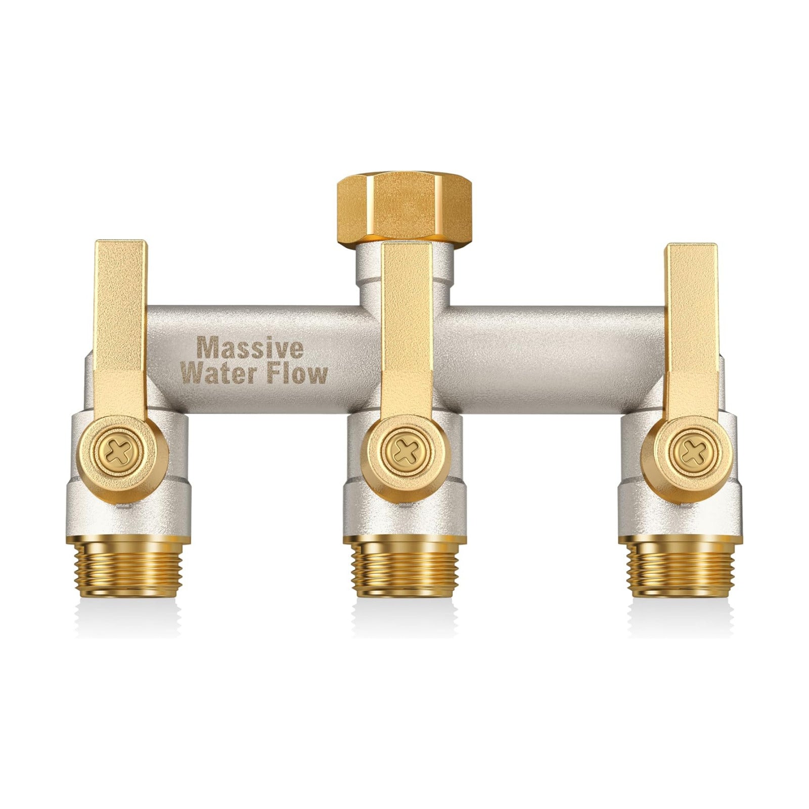 Garden Hose Splitter, 3 Way Hose Splitter Heavy Duty Full Flow Solid Brass Nickel Plated Spigot Splitter Valve with