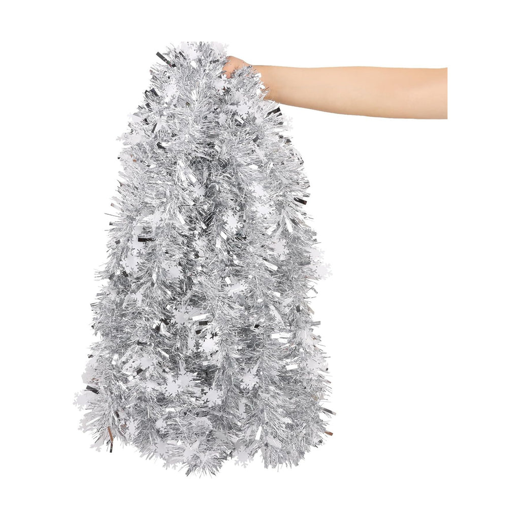 FOIMAS 33 Feet Christmas Tinsel Garland, Metallic Silver Christmas Snowflake Hanging Garland for Xmas Tree Fireplace Home Decoration (Silver)