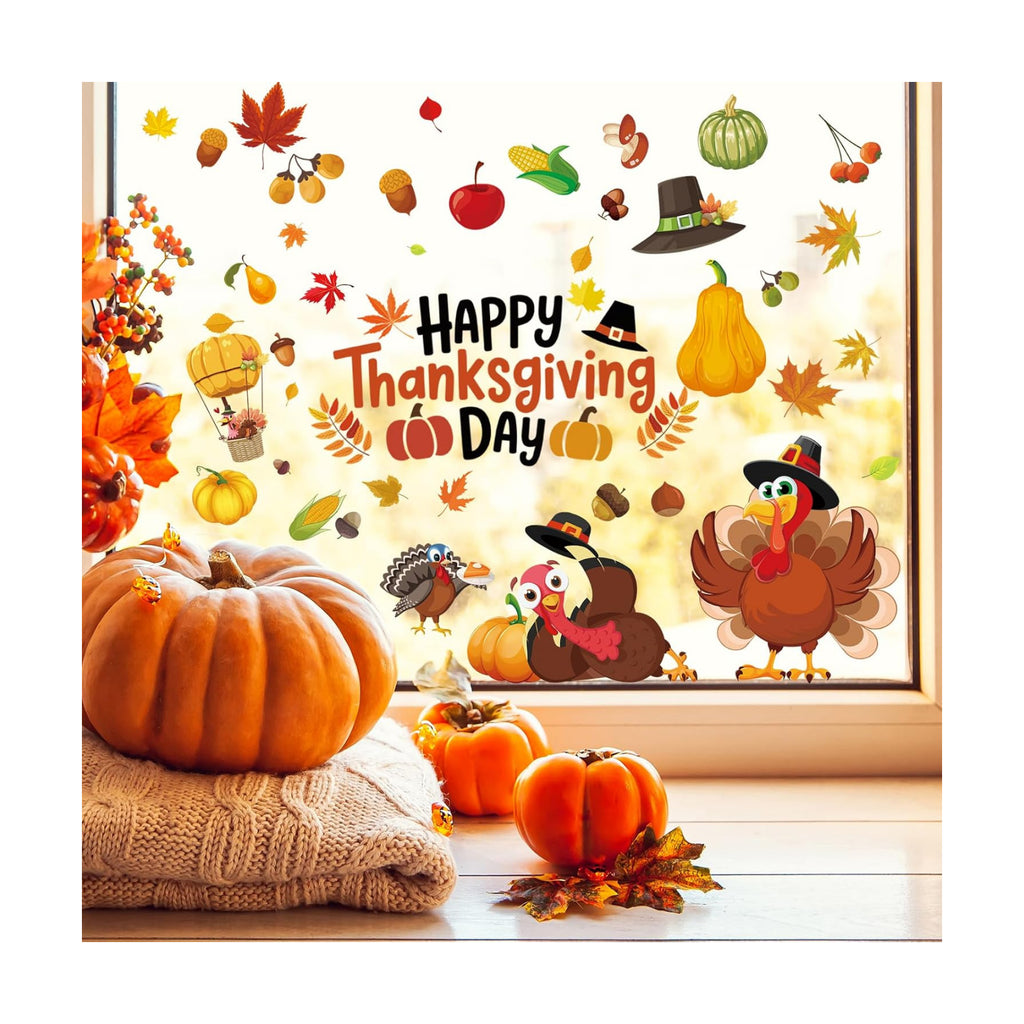 6 Sheets Thanksgiving Fall Window Clings, 73 Pcs Turkey Autumn Leaf Pumpkin Clings for Windows Thanksgiving Window Stickers for Home Holiday Party Store Glass Decoration