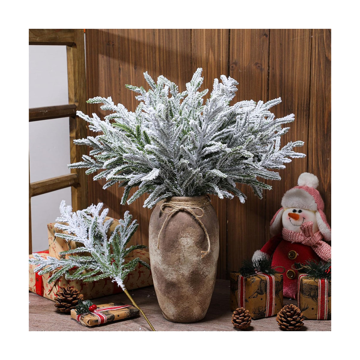 Wavwavw 12 Pcs Christmas Snowy Norfolk Pine Branches 18 Inch