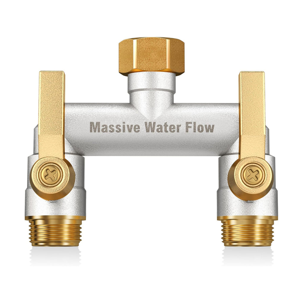 Hose Splitter 2 Way Heavy Duty, Full Flow Solid Brass Nickel Plated Garden Hose Splitter, Spigot Splitter Valve with