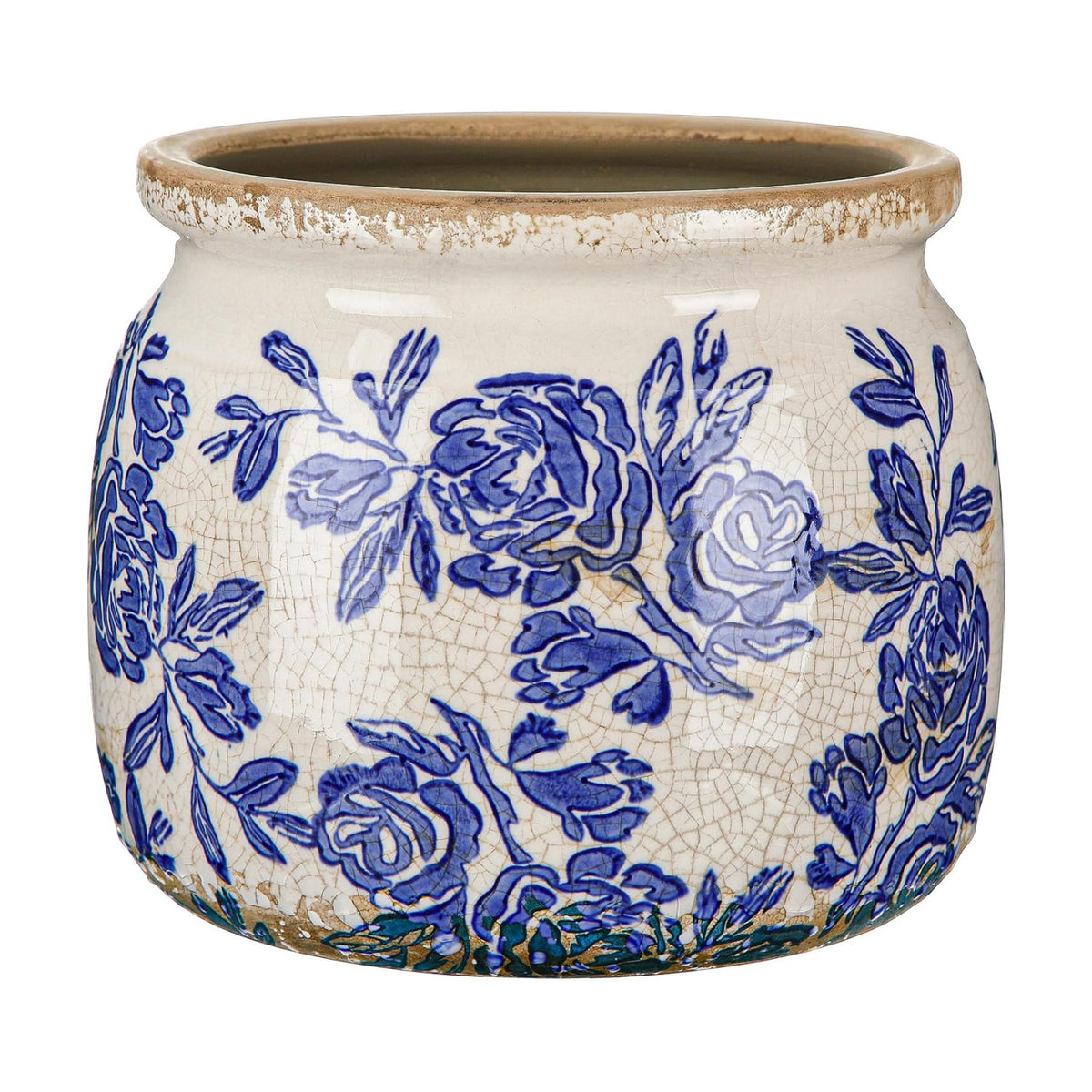 5.9'' Vintage Ceramic Planter, Ice Crack Glaze Blue Rose