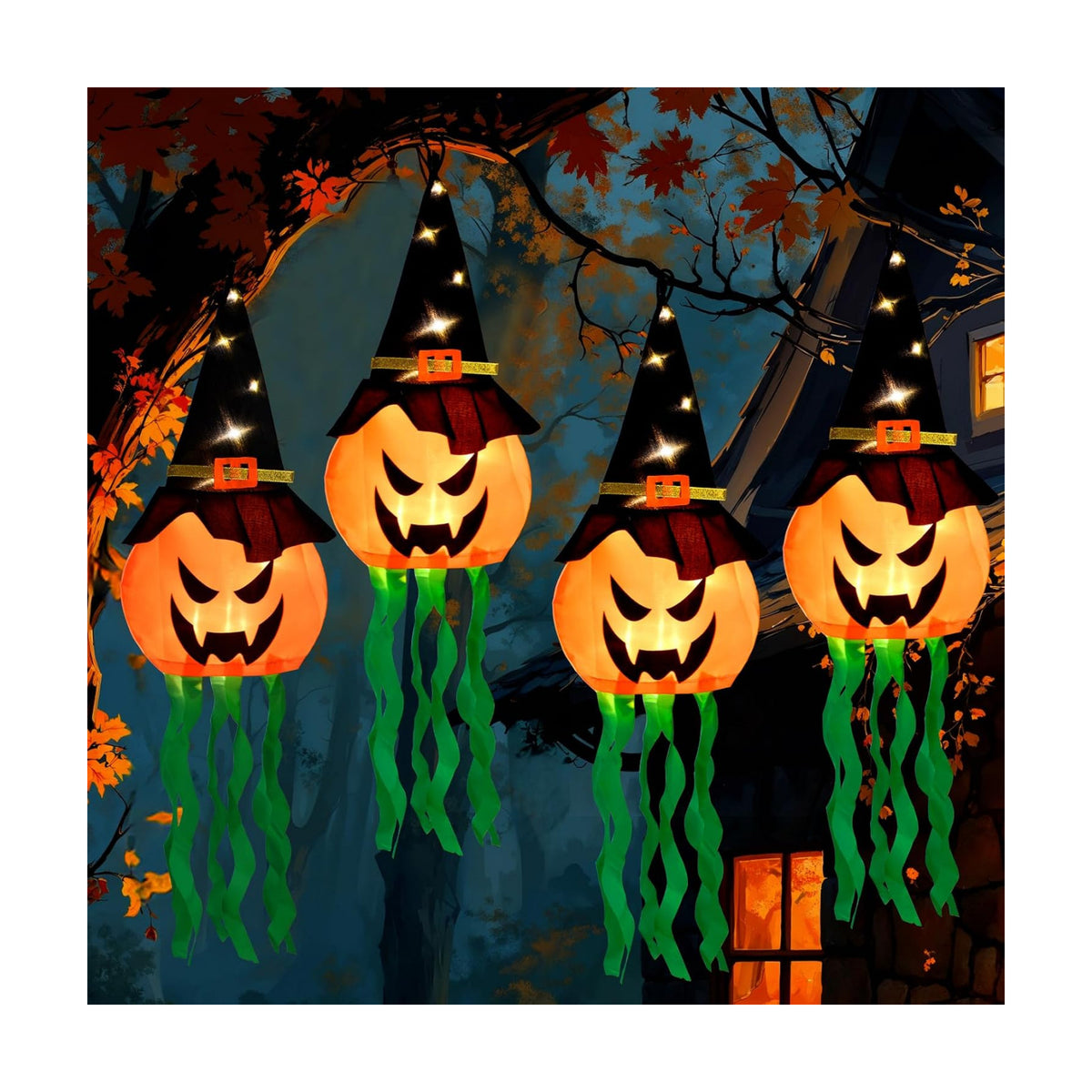 4 PCS Hanging Lighted Glowing Pumpkin Witch Hat with 3 Modes Lighted Up