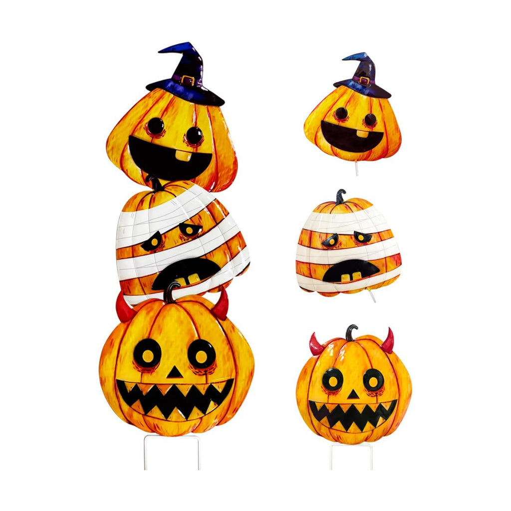 3 Packs Halloween Garden Stakes, Stacked Metal Pumpkins Jack-o-Lantern LawnDecor, Halloween Decorative 3D Pumpkin Yard Signs Stake for Outdoor Front Garden Pathway Decorations