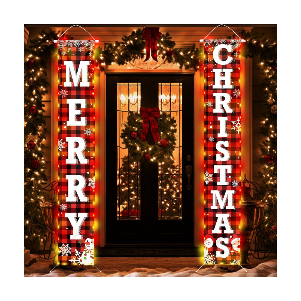 71 x 12 Inches Merry Christmas Door Banner for Doorway, Large Red and Black Plaid Christmas Hanging Sign with Santa, Snowman, and Snowflake Design for Holiday, Front Door, and Xmas Decorations