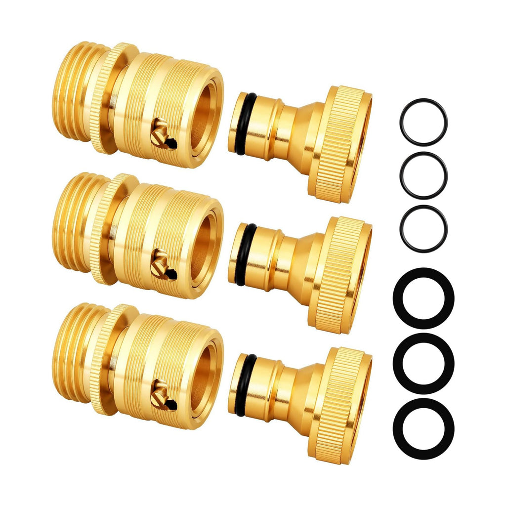 Garden Hose Quick Disconnect Fittings - 3Pcs Solid Brass 3/4 Inch GHT Thread Hose Connectors for Outdoor Faucet Adapter