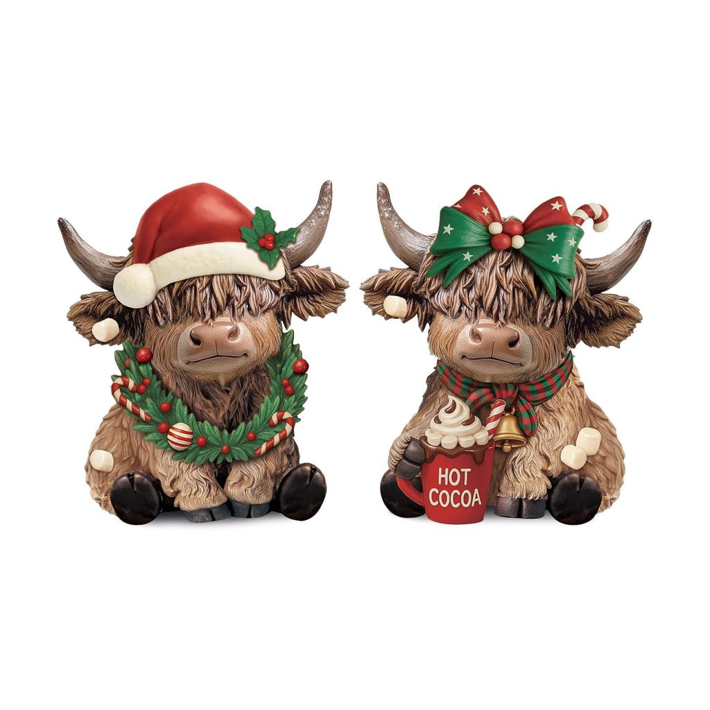 Karenhi 2 Pcs Highland Cow Figurines, Christmas Hot Cocoa Decor
