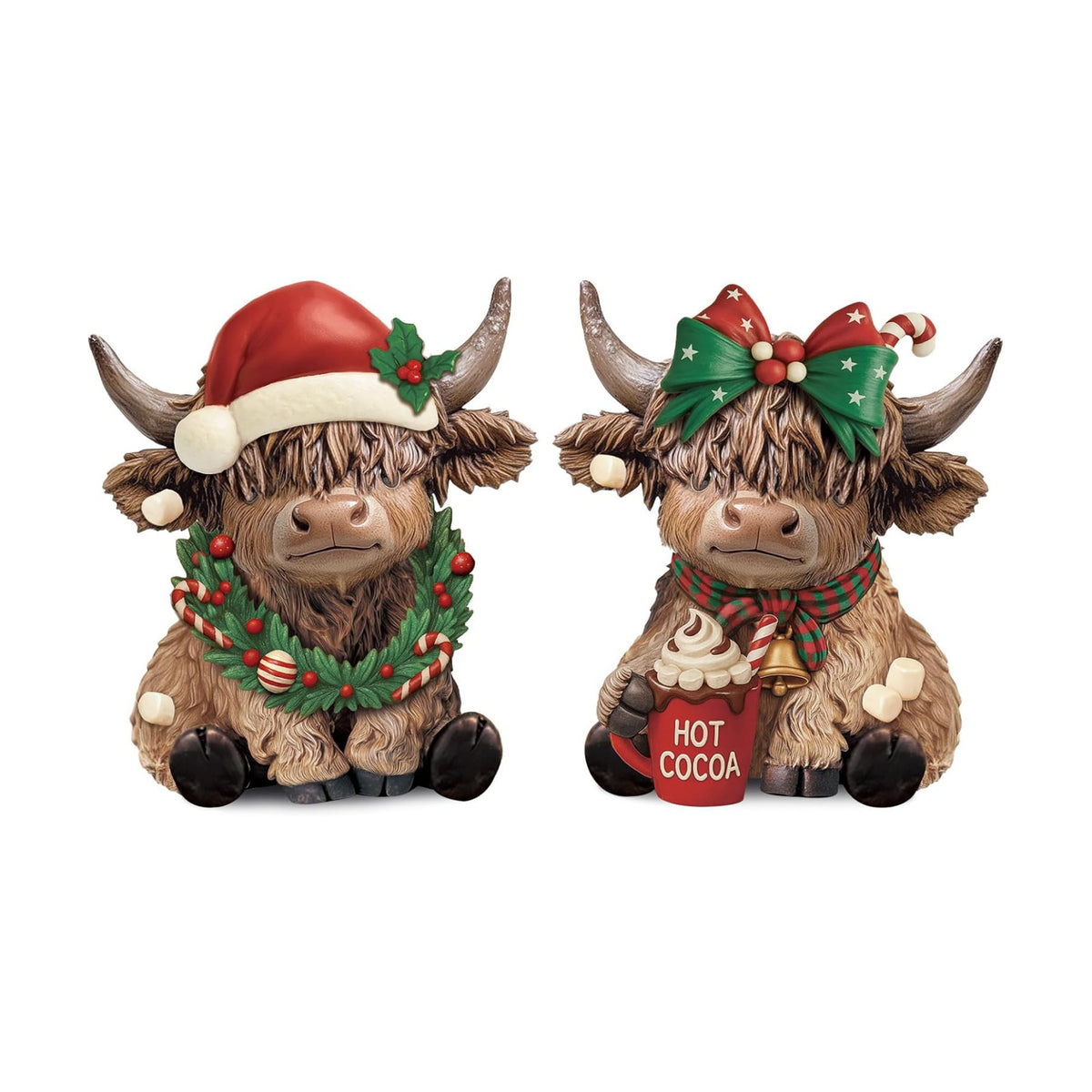 Karenhi 2 Pcs Highland Cow Figurines, Christmas Hot Cocoa Decor