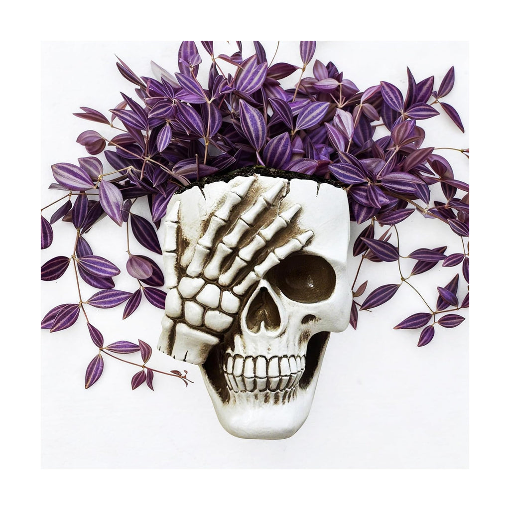 Skull Wall Planter Skull Planter for Halloween Indoor Outdoor Plants, Gothic Spooky Face Head Hanging Flower Pot with Drainage for Fence Decoration (Don't Look White)