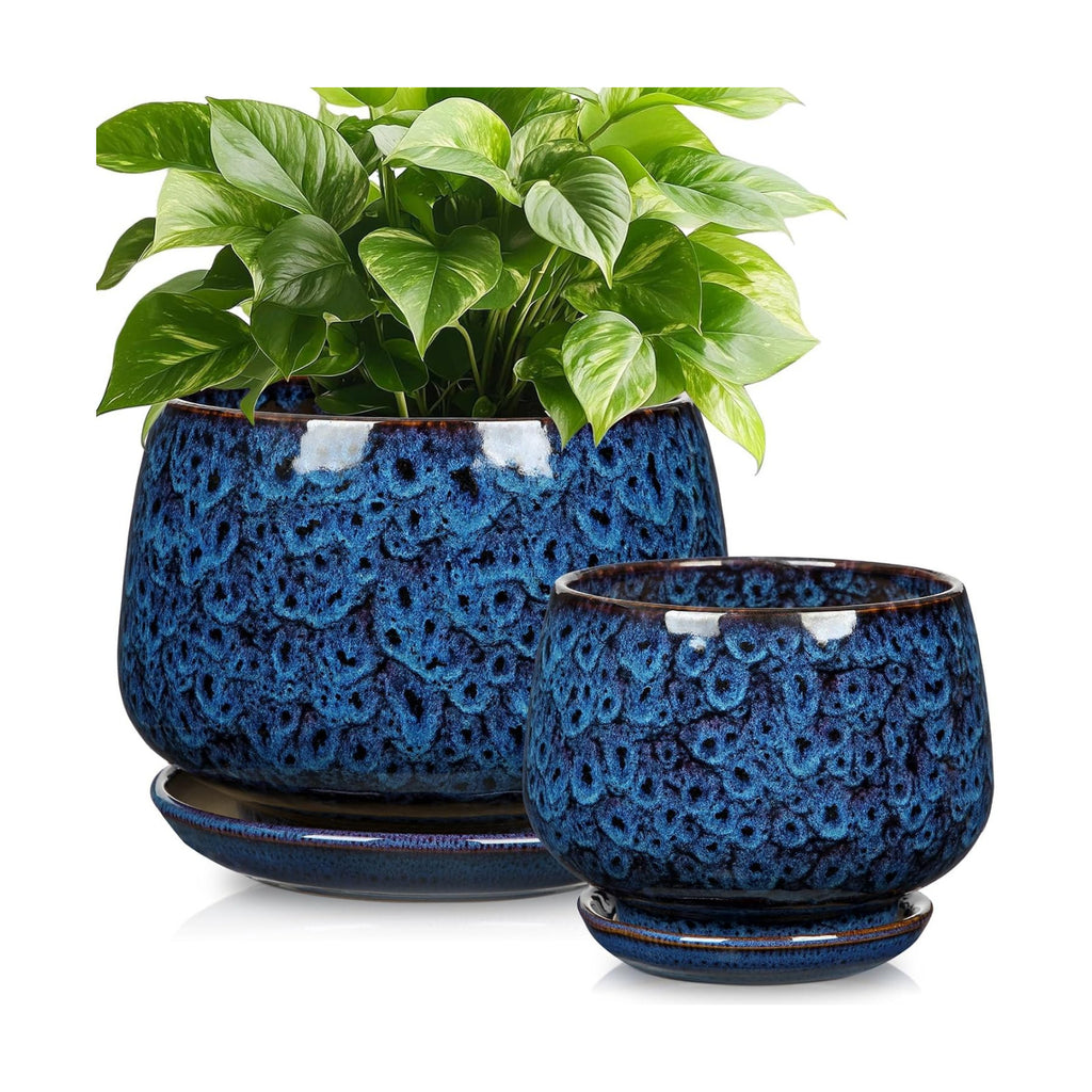 GnFlus Blue Ceramic Planter Pots with Drainage Holes, Set of 2 7''+5'' Saucers Large Round Plant Pot for Indoor-Outdoor