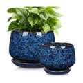GnFlus Blue Ceramic Planter Pots with Drainage Holes, Set of 2 7''+5'' Saucers Large Round Plant Pot for Indoor-Outdoor
