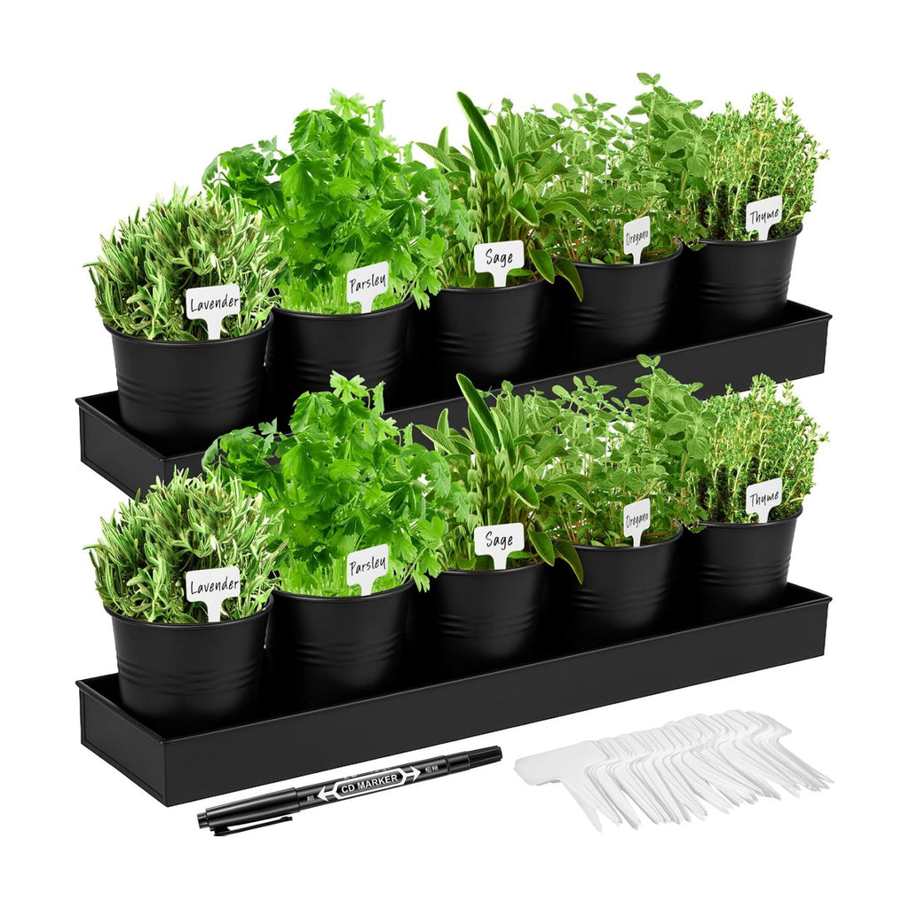 FoldTier 2 Sets Indoor Herb Garden Planter Kit with 10 Metal Pots, Black | Metal Pots with Drainage Holes, Plant Labels